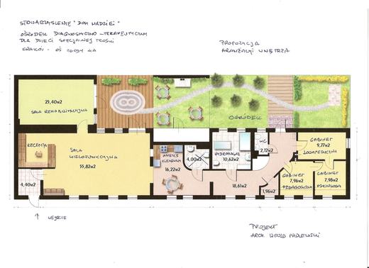 Rzut architektoniczny Ośrodka: sala wielofunkcyjna, sala rehabilitacyjna, gabinety, aneks kuchenny i ogródek
