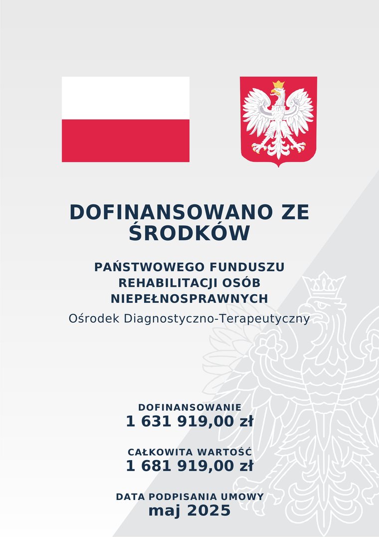 Plakat informacyjny w formacie A3. U góry flaga Polski i godło. Napis: Dofinansowano ze środków Państwowego Funduszu Rehabilitacji Osób Niepełnosprawnych. Ośrodek Diagnostyczno-Terapeutyczny. Dofinansowanie 1 631 919,00 zł, całkowita wartość 1 681 919,00 zł, data podpisania umowy maj 2025.